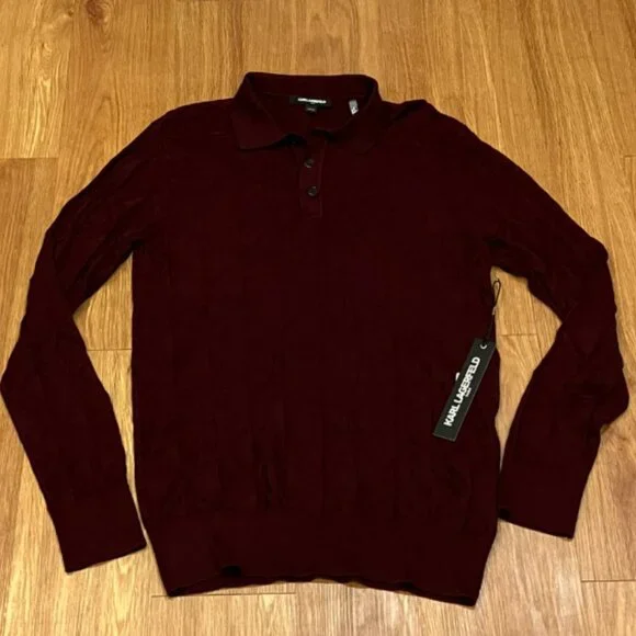 Karl Lagerfeld Men Polo Sweater Long Sleeve Burgundy Size S